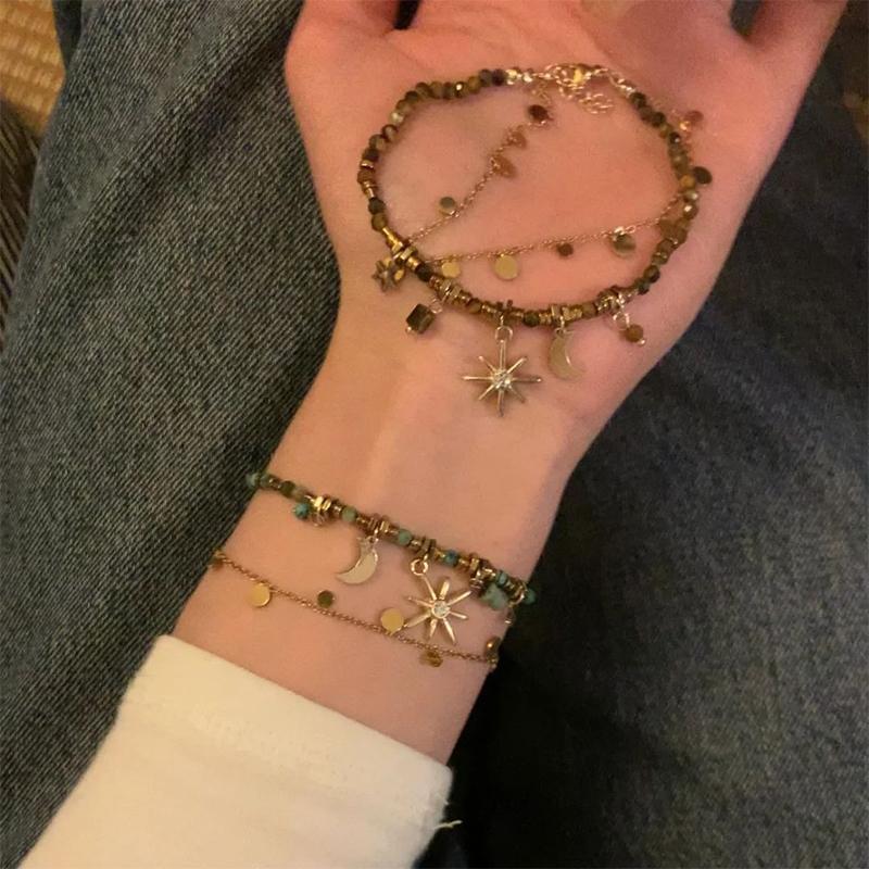 Vintage Natural Stone Double Layered Beads Bracelets For Women  Metal Mang Star Pendant Bracelets Charm Jewelry Gifts
