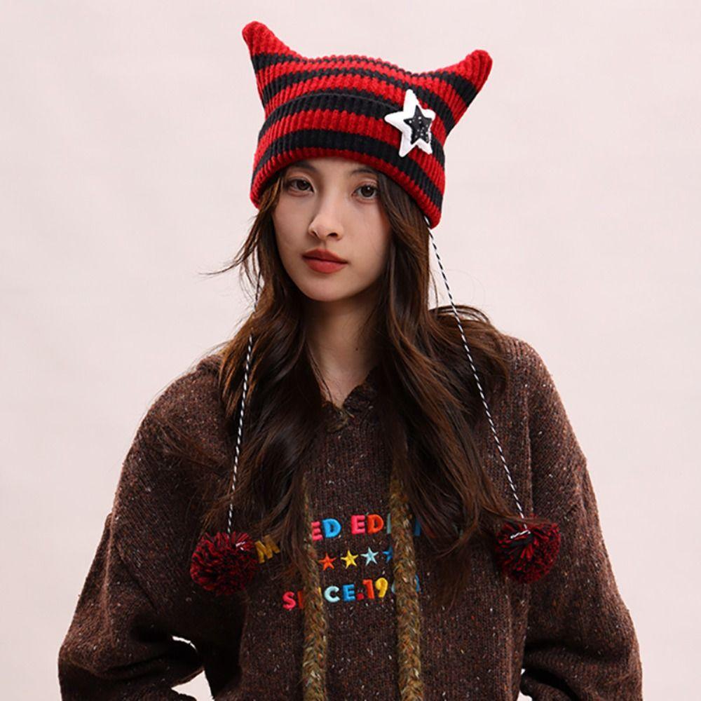 Star Cat's Ears Knitted Hat Y2K Woolen Hat Casual Slouchy Knitted Beanies  Outdoor