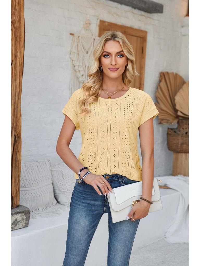 Spring & Summer Women's Loose Round Neck Eyelet Lace T-shirt