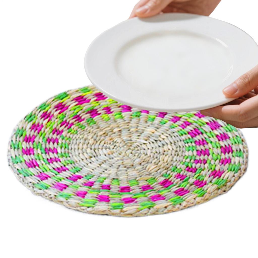 Seagrass Placemat 20cm  Bohemian Jute Printed Placemats with Faux Leather Edges Heat Insulation Table Mats Kitchen Tableware