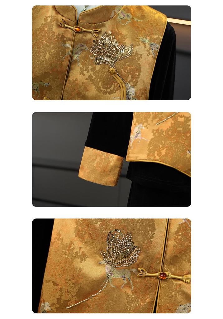 Gold Velvet Spring Suit: Chinese Style Three-Piece Set for Middle-Aged and Elderly Women