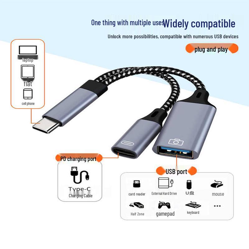 Type-C Dual Port USB OTG Adapter: Charge, Connect Flash Drives, Read Cards, Transmit Data, Play Audio
