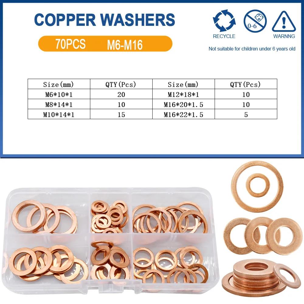 Solid Pure Copper Flat Washers Gasket Seal Ring M5 M6 M8 M10 M12 M14 M16 Metric Crush Washers For Sump Plug Oil Pipe Boat Repair Oil Drain Plugs 3