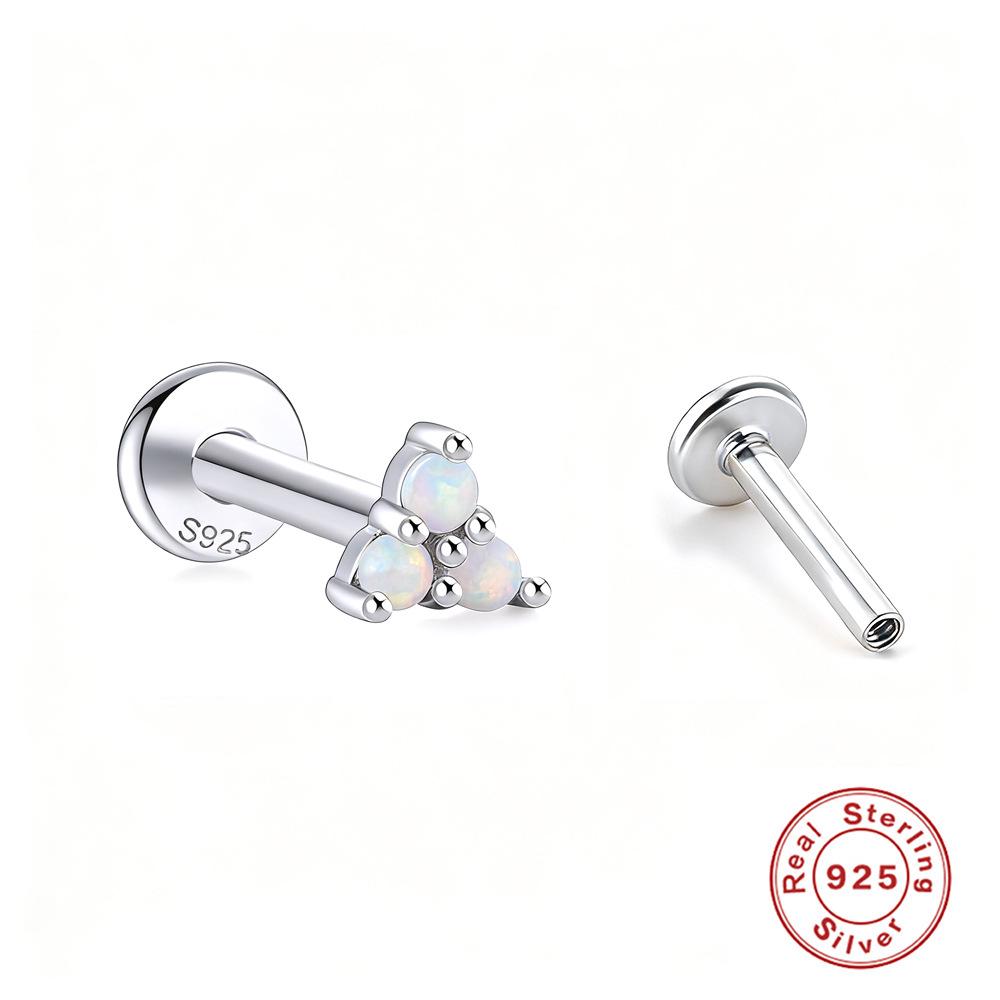 S925 Sterling Silver Opal Threaded Cartilage Stud Earrings for Men and Women