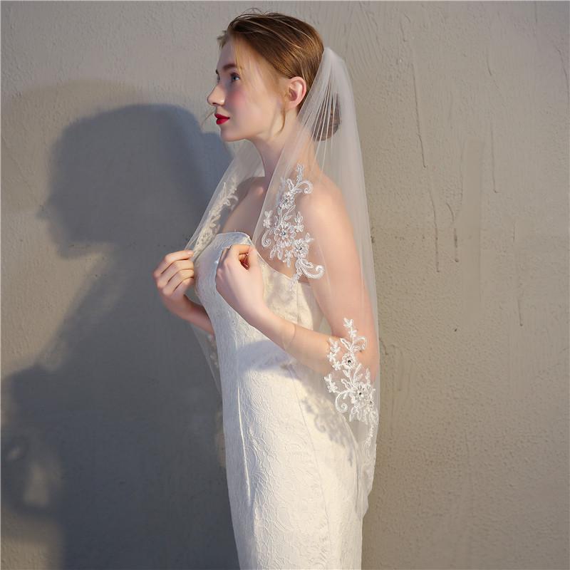 European & American Short Bridal Veil with Lace, Rhinestones & Comb