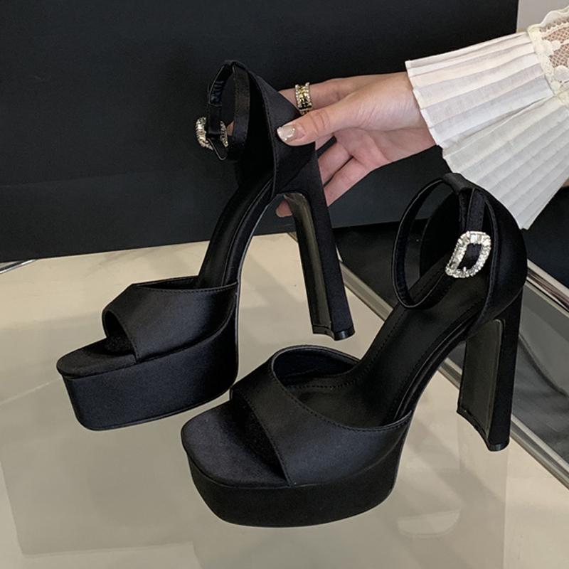 Fashion Liyke Runway Style Black High Heels Platform Sandals For Women Cozy Silk Square Toe Buckle Strap Lady Party Dress Shoes Size 40
