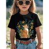 European sizes Kids' Cute Orange Tabby Cat & Floral Print T-Shirt - Soft Breathable Short Sleeve Round Neck Top with Cat & Green Foliage Design