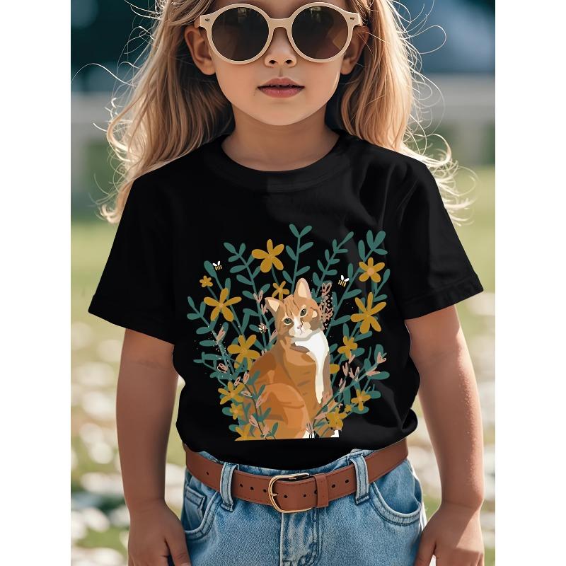 European sizes Kids' Cute Orange Tabby Cat & Floral Print T-Shirt - Soft Breathable Short Sleeve Round Neck Top with Cat & Green Foliage Design