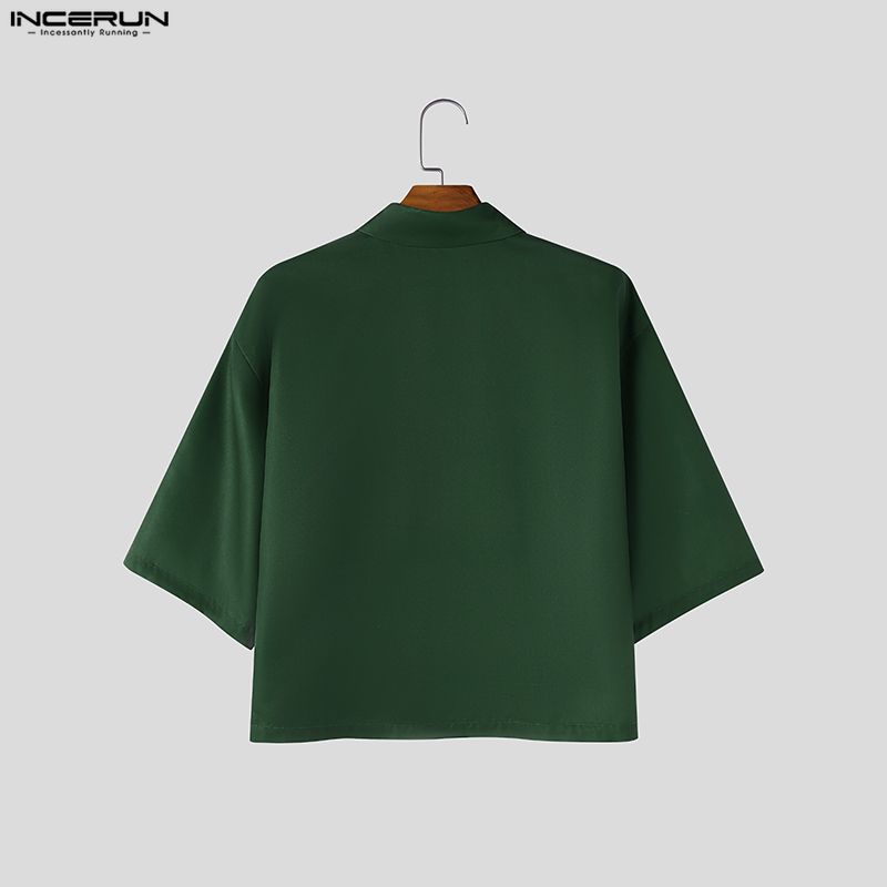 INCERUN Oversized Men Lapel Neck Half Sleeve Dropped Shoulder Vintage Knot Casual Shirts Tops