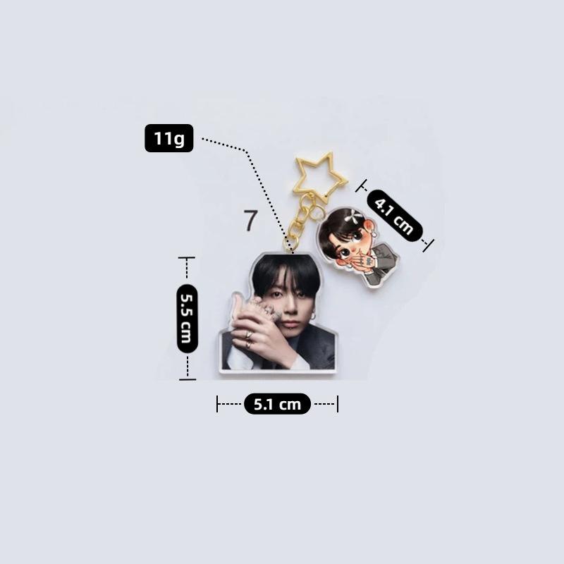 BTS Double-Charm Keychain, Bangtan Boys Photo & Cartoon Suit Figure Keyring with Star Hook, Kpop Idol Bag Pendant for ARMY Fans