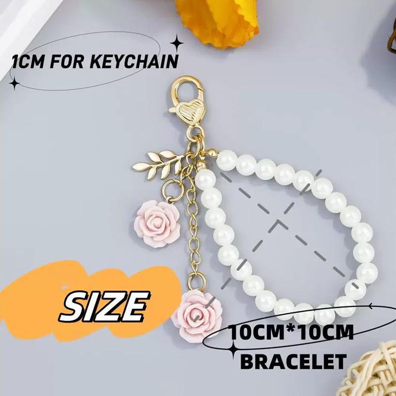 Retro Camellia Flower Pendant Pearl Keychains For Women Backpack Decor Keyring Mobile Phone Beaded Key Chain Diy Jewelry