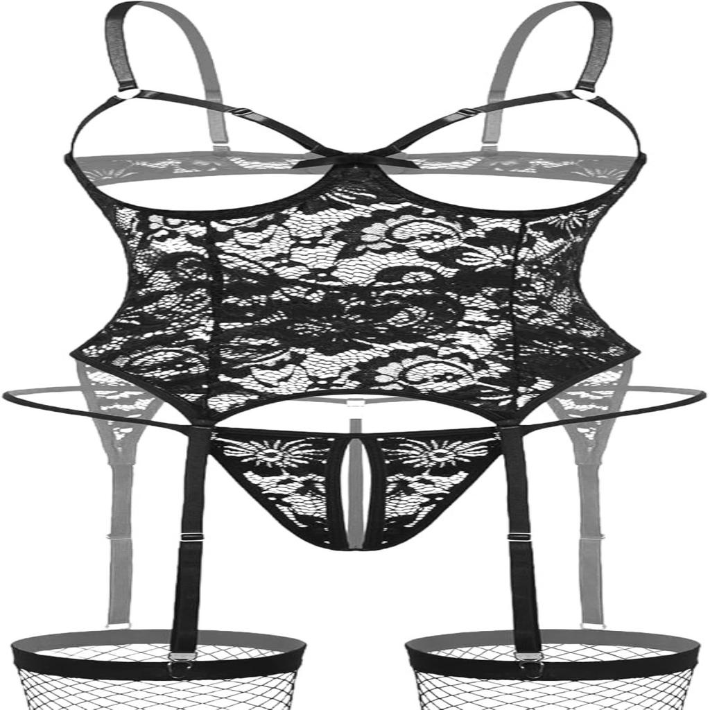 Avidlove Lingerie Sets for Women Underwire Lingerie Sexy Lace Cutout Bodysuit Garter Teddy with Fishnet Stockings