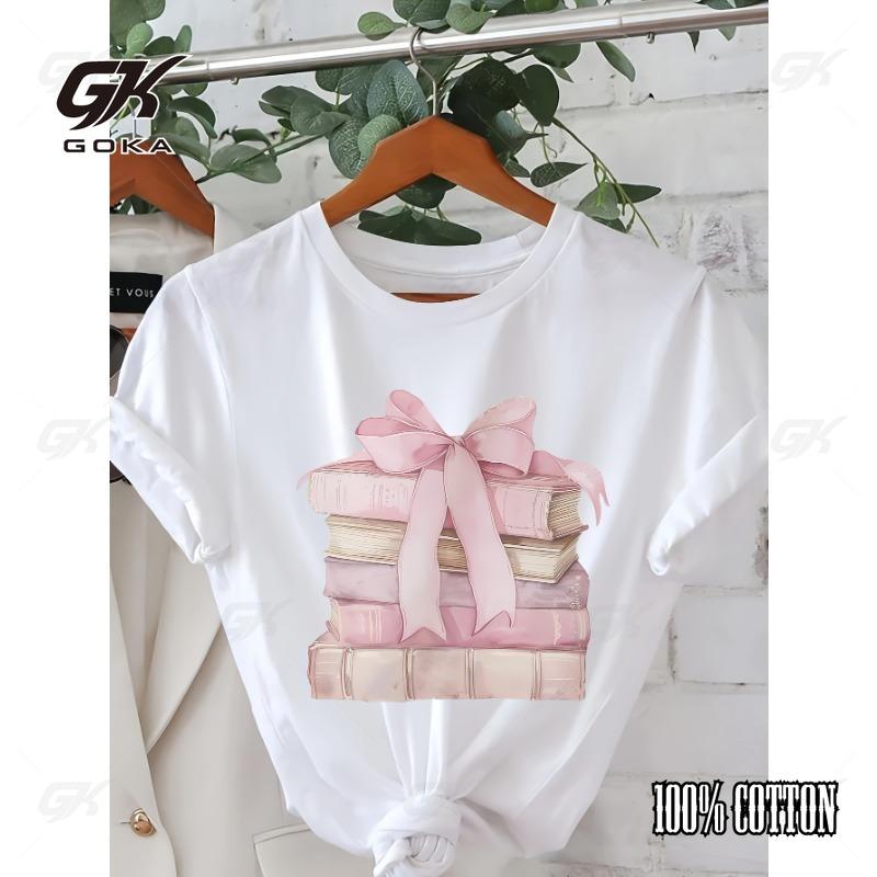 

Women s Pink Short Sleeved T-shirt with Fashionable Book Stack and Bow Pattern Print Soft Round Neck Cute Short Sleeved Top 4XL