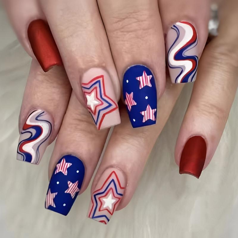 

24 Pcs 4th of July False Nail Independence Day Artificial Nail Flag Day Full Cover Stick on Nail Square Press On Nail 1