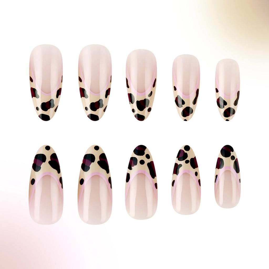 3D Bows Full Cover Stick On Nails French Tip Press On Nails Almond Artificial Nails False Nails with Leopards Designs