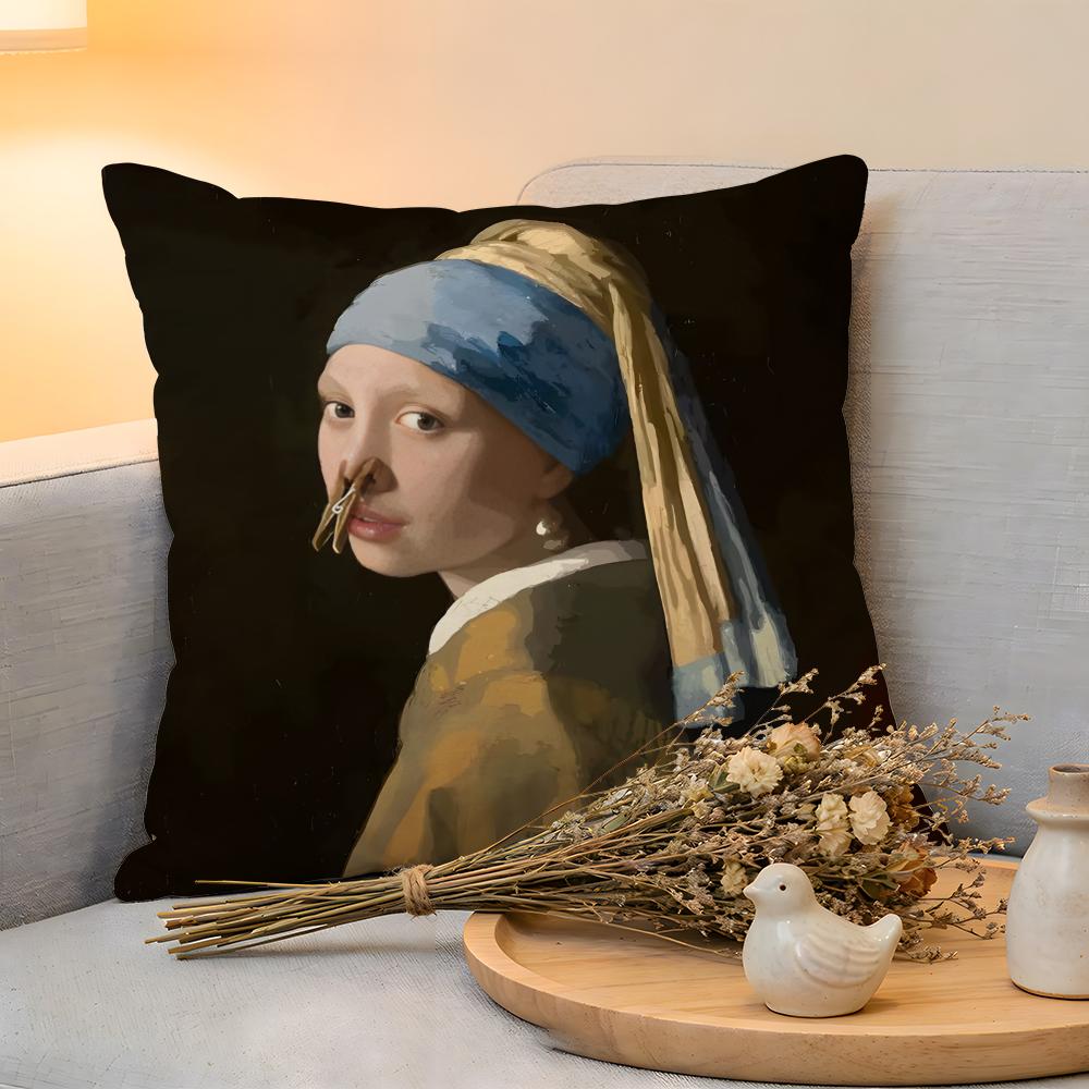 Cushion Cover Linen SkinFriendly Soft Decorative Case For Sofa Home Decor Mona Lisa Wearing Pearls Girl Pillow cover