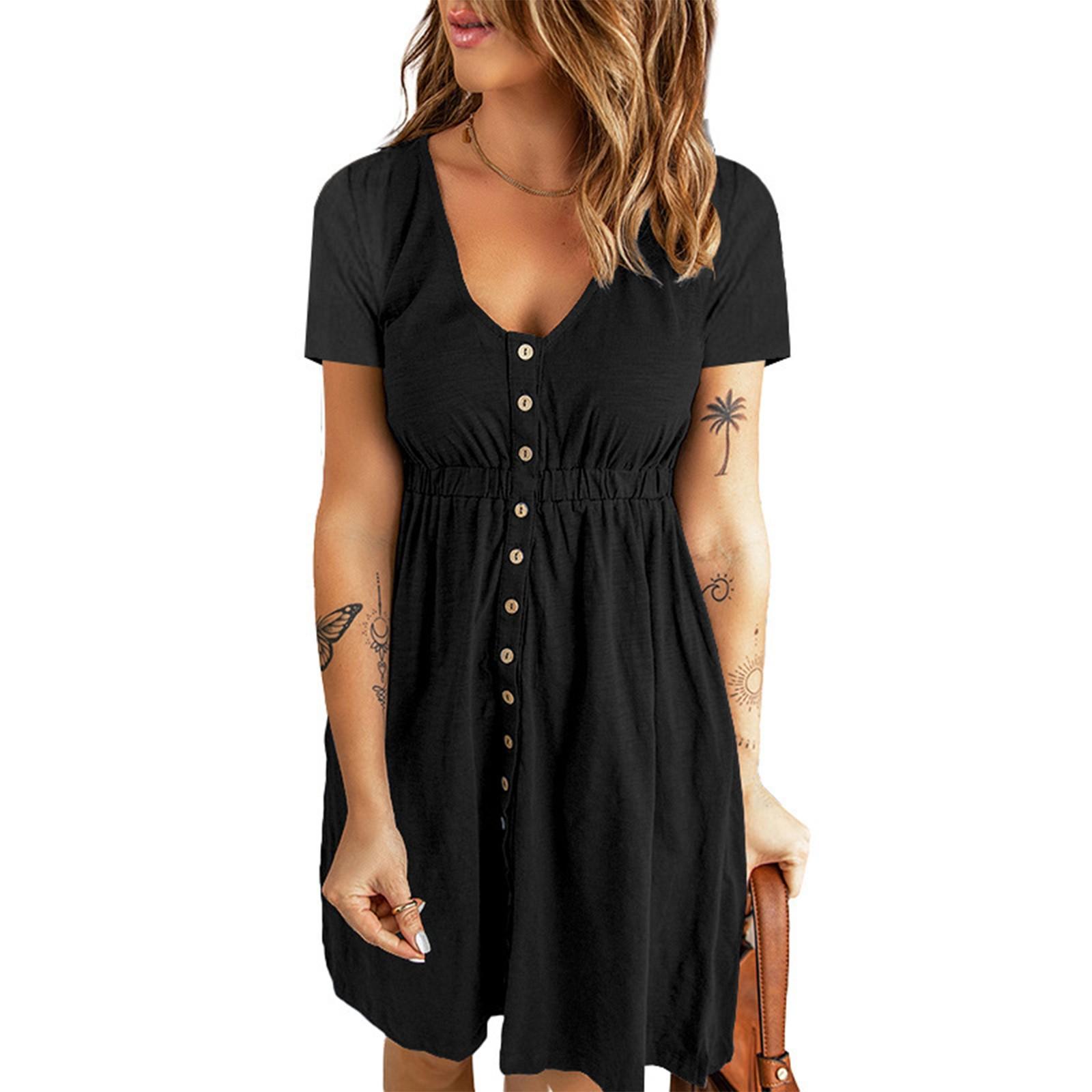 

Women s Summer Casual Round Neck Color Sexy V-Neck Waist Short Sleeve Button-Down Dress XXL чёрный