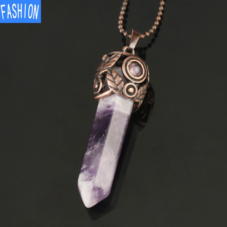 Natural Crystal Hexagonal Pendant Amethyst Necklace Autumn And Winter Women'S Retro Necklace