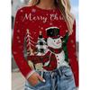 Women's Red Green Christmas Snowman Full-Body Print Long Sleeve T-Shirt Plaid Holly Snowflake Merry Christmas Women's T-shirt