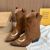 Fashion Vintage Design Pointed Toe Women Western Cowboy Boots Fashion Festival Thick Heel Female Short Booties