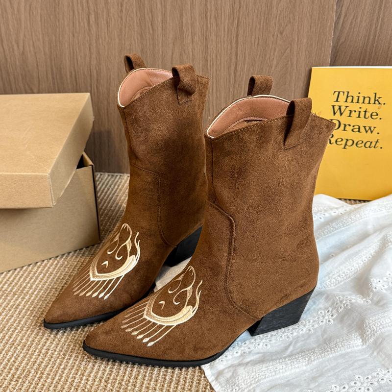 Fashion Vintage Design Pointed Toe Women Western Cowboy Boots Fashion Festival Thick Heel Female Short Booties