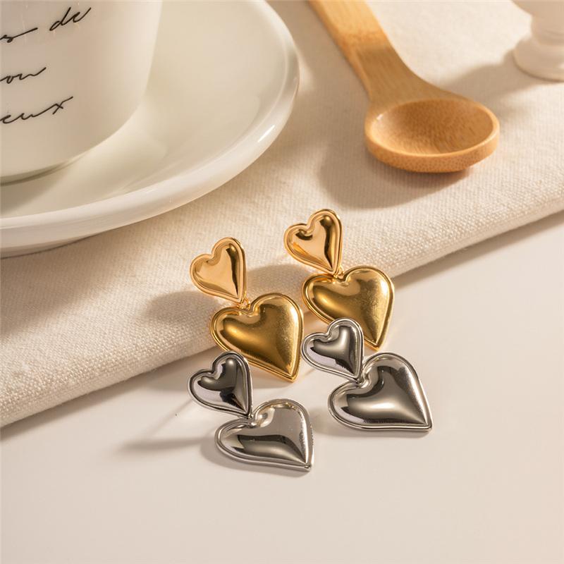 Double Heart Shaped Earrings For Women, Gold Plated, Smooth Metal Jewelry, Luxury Party Gift, Trendy