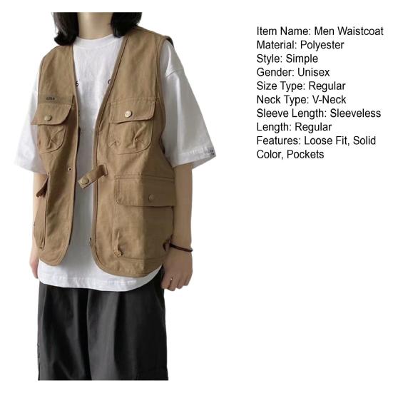 Unisex ležérní vesta bez rukávů s mnoha kapsami design vesta kabát zip knoflíky zapínání bunda cargo
