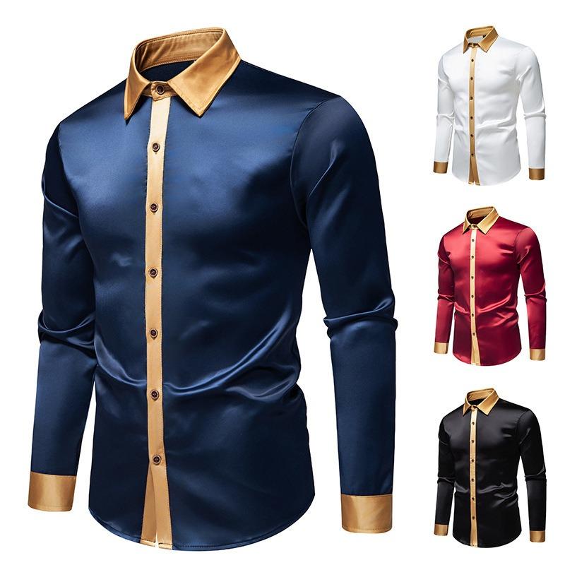 Men S Fashion Satin Smooth Color Block Long Sleeve Shirt