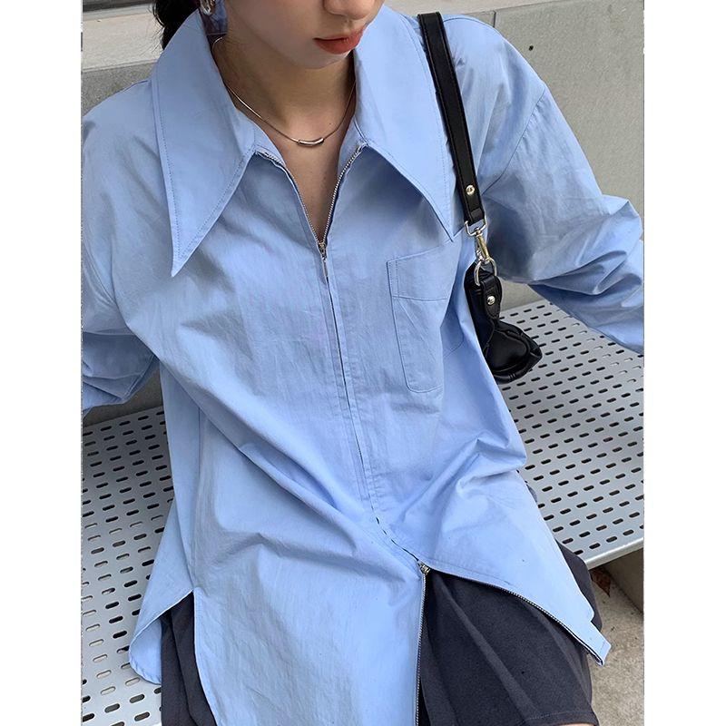 

Женские рубашки однотонные с острым воротником, на французской молнии, универсальные, с длинным рукавом, осенняя мода, с карманом, женские топы-кардиганы XL синий