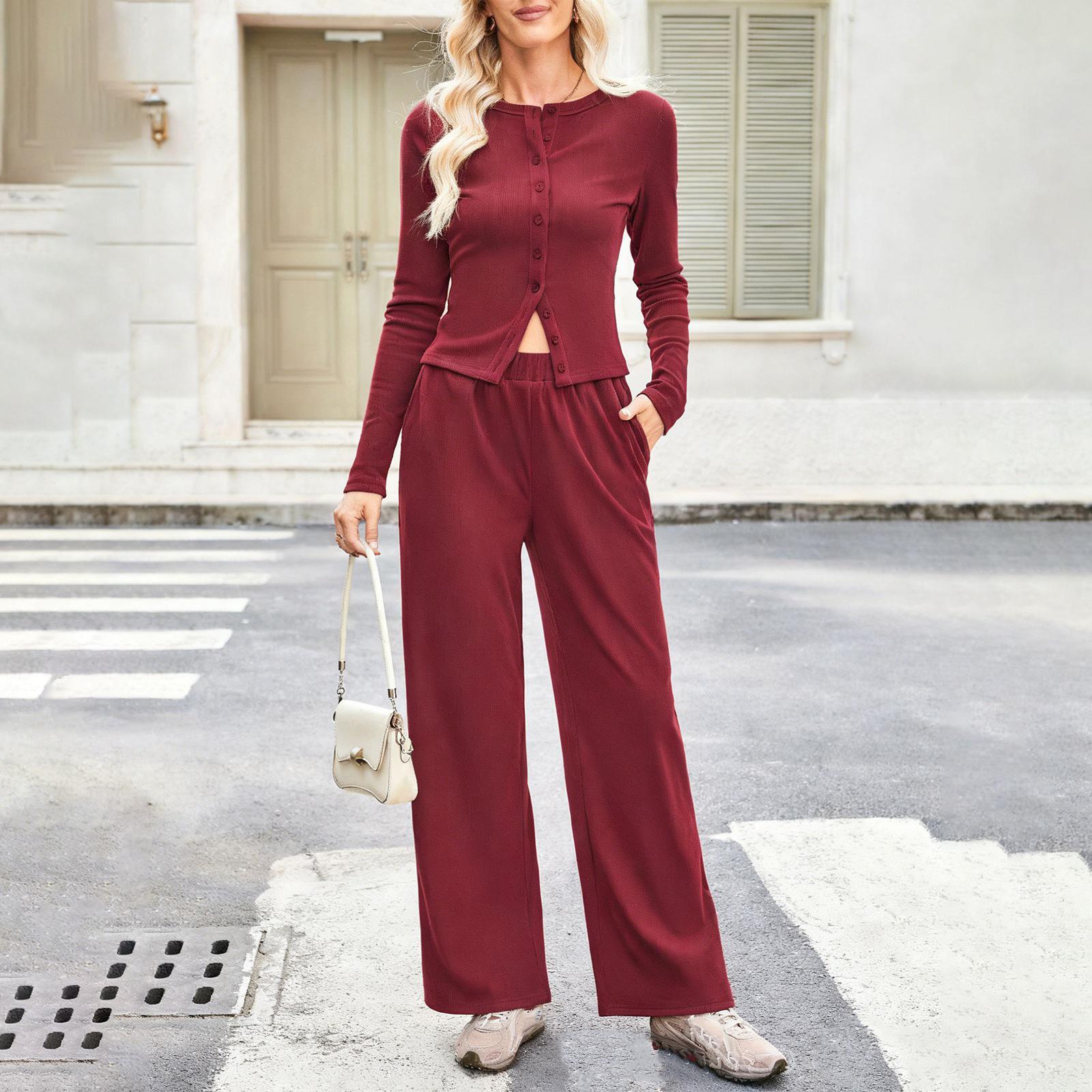 

Женский комплект повседневной спортивной одежды из двух предметов однотонного цвета с длинными брюками XL винный