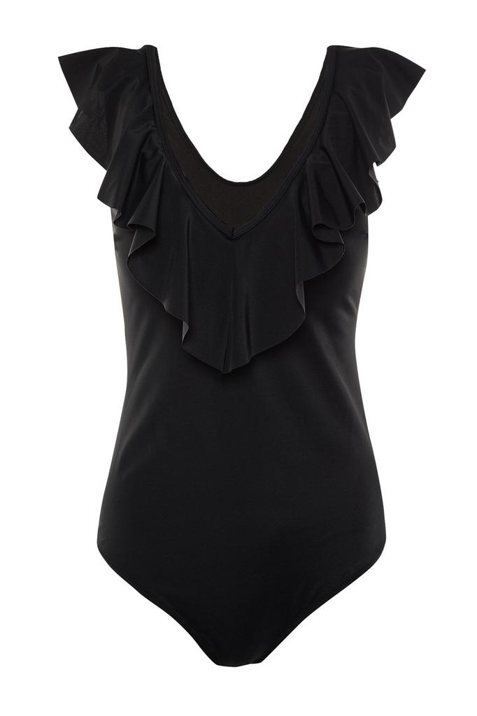 Women's Style Plus Size Swimsuit Black Deep V-Neck Flounced Throw Covered Swimsuit