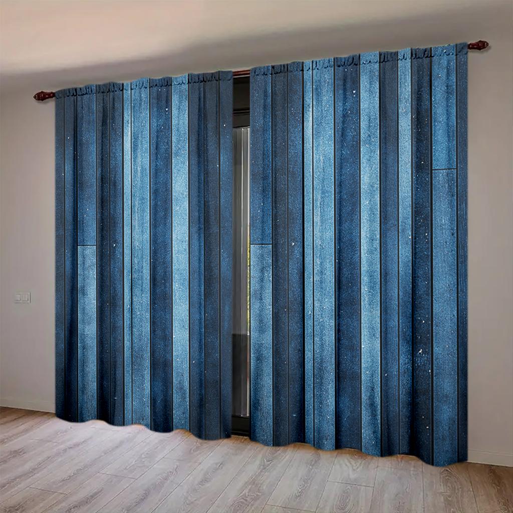 2pcs American Retro Style Blue Wood Grain Printed Curtain for Home Decor - Rod Pocket Window Treatment for Bedroom Office