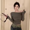 Spice Girl A Line Shoulder Velvet Long Sleeve T-shirt Women Early Autumn Off-the-shoulder Slim Irregular Short Base Top