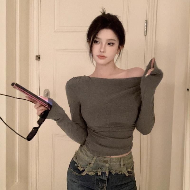 Spice Girl A Line Shoulder Velvet Long Sleeve T-shirt Women Early Autumn Off-the-shoulder Slim Irregular Short Base Top