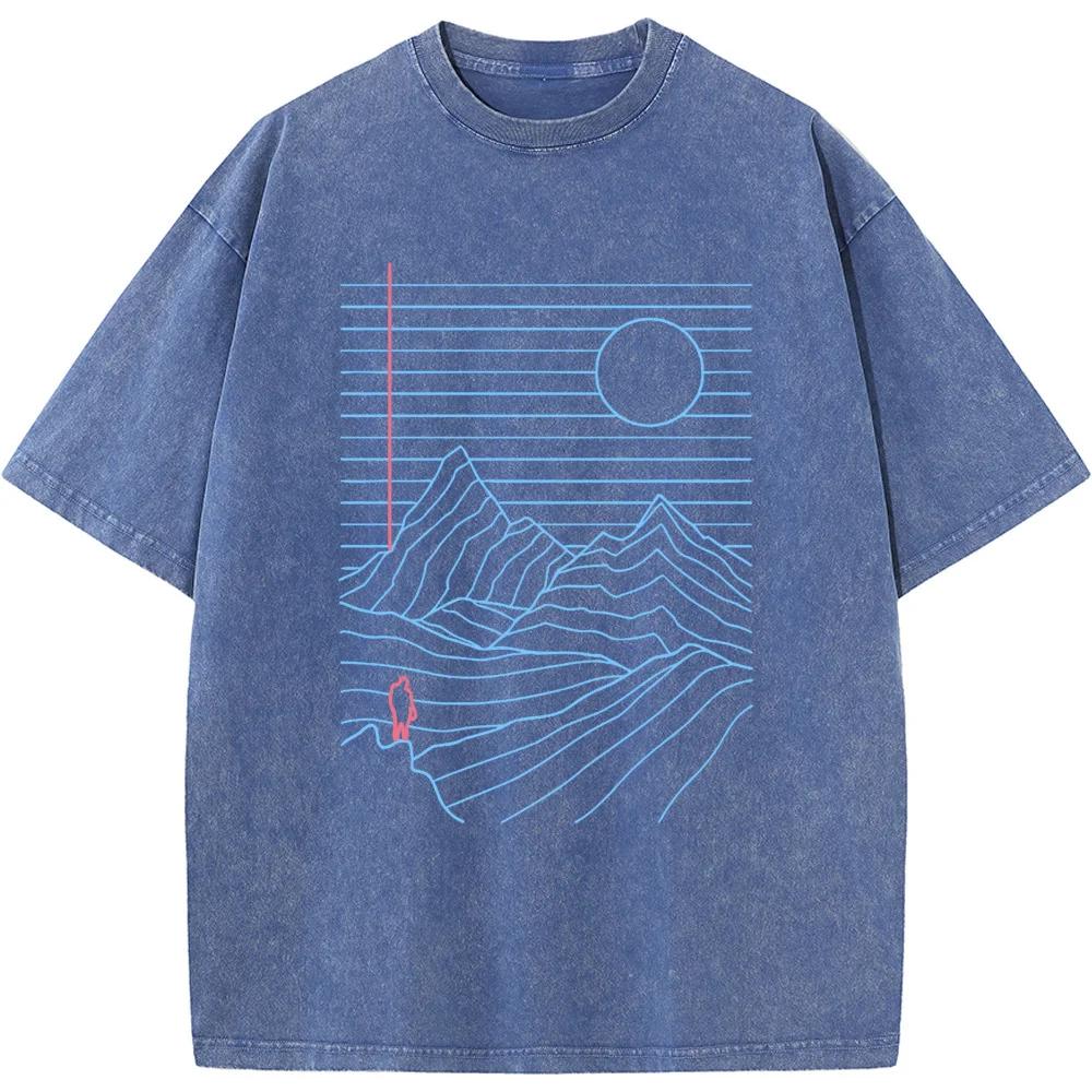 Men's Outdoor Linear Landscape Short-Sleeved Shirt Grams Of High-Quality Washed Old Tshirt Vintage Colored Mens T-shirts