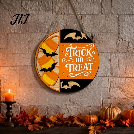 Seasonal Hanging Sign Halloween Trick or Treat Wooden Door Sign, Retro Round Bat Silhouette Decor Plaque for Home Front Wall & Party Decoration