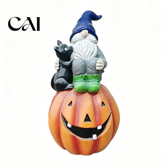 Halloween Gnome Decorations Outdoor Garden Statue, Resin On Pumpkin Figurine with Hand Painted Yard Decor Black Cat, Fall Autumn Dwarf Sculpture