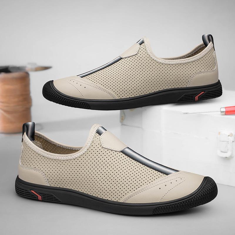 Men's Shoes 2025 Summer New Men's Thin Punching Breathable Hollow Leather Shoes Black One-pedal Lazy Casual Shoes