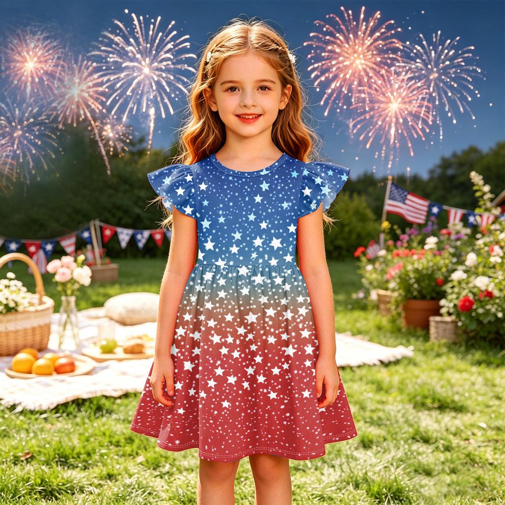Girls Dress Sleeveless Ruffle Sleeve Independence Day Spliced Star Pattern Casual A-Line Dress for Kids