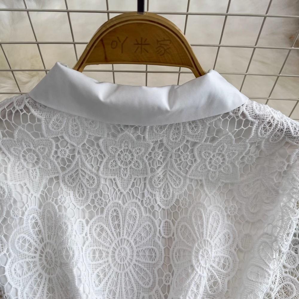 Summer Elegant Crochet Lace Patchwork Chiffon Pleated Dress Women's Short Sleeve Runway Party Dresses With Belt