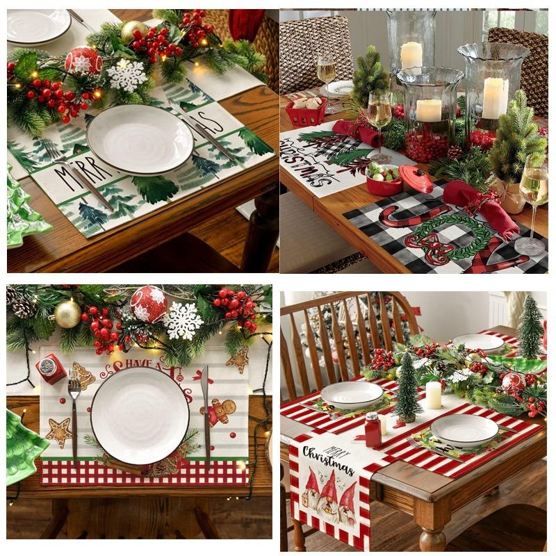 4Pcs Placemats & Coasters Set Christmas Santa Robin Snowman Reindeer Dinner Mats