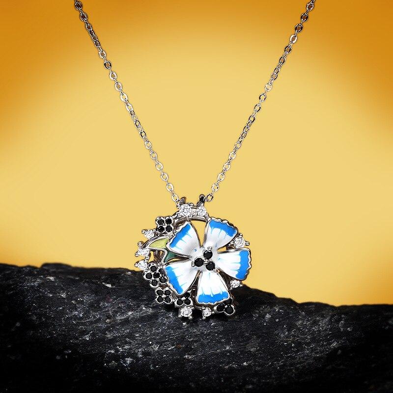 Vintage Bohemian Pendant Necklace Women Handmade Enamel Blue Flower Petal Leaf Dangle Earrings Wedding Party Jewelry