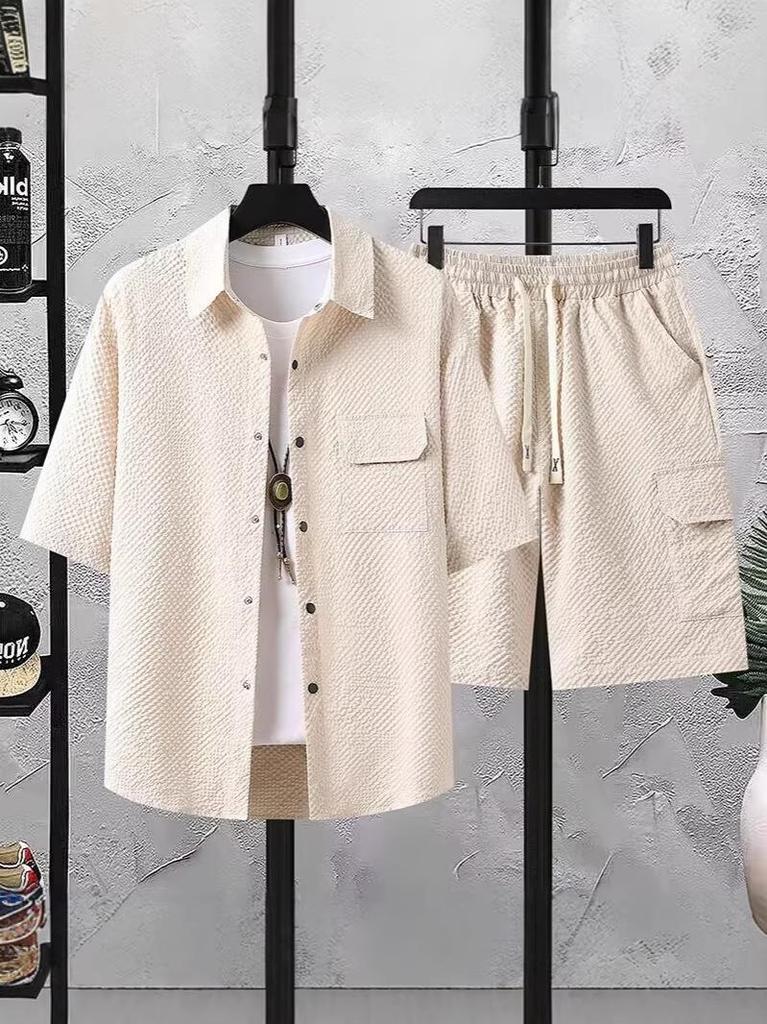 2026 Men's Casual Hong Kong Style Short Sleeve Shirt & Shorts Two-Piece Set
