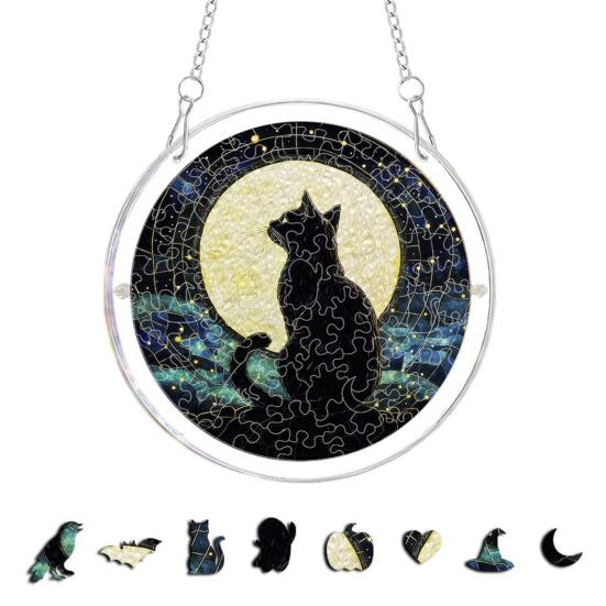 Yousheng Acrylic Puzzle Suncatcher, Halloween Black Cat Castle Raven DIY Sun Catcher Kit, Stained Glass Window Hanging Ornament for Home, Garden