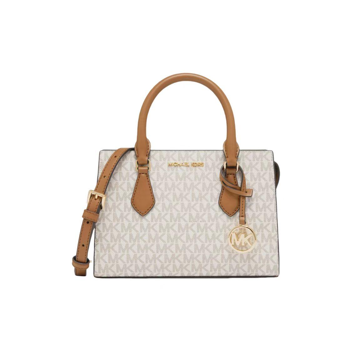 Michael Kors MK Sheila Logo Charm Tote Bag Women Tote Vanilla-White Acorn-Brown 35S3G6HS5B-150 Basic Set (Bag+Dust Bag)