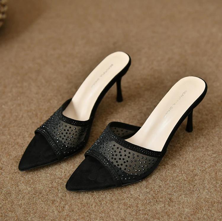 Fashionable Versatile High Heel Slippers Pointed Toe Rhinestone Decorated One-piece Strap Sandals Casual Elegant Ladies Shoes