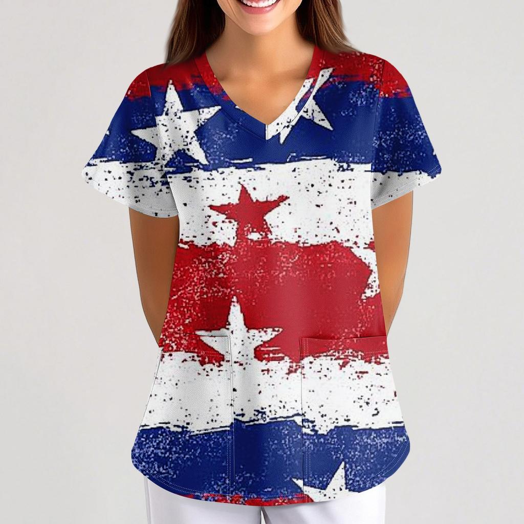 Plus Size Printed Scrub Working Uniform Tops For Women's Cross V-Neck  Short Sleeve Fun T-Shirts Workwear Tee With Pockets