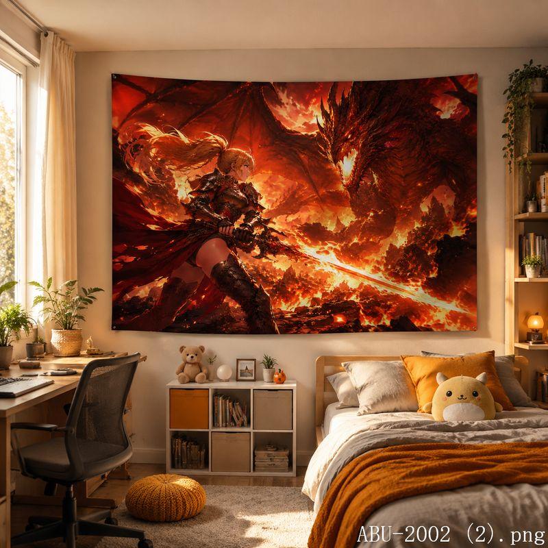 Red Fire Battle Anime Aesthetic Tapestry Cool Fantasy Warrior Cartoon Wall Hanging Teen Dorm Bedroom Otaku Home Wall Decor