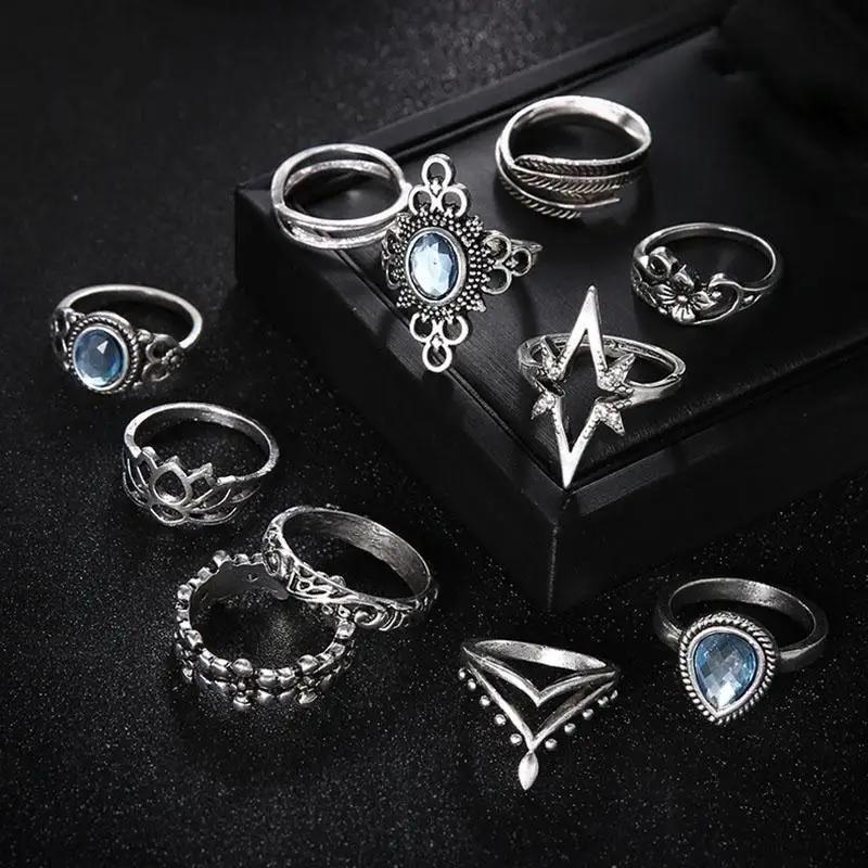 11Pc/Set Retro Sapphire Flowers Finger Ring Set Boho Crown Star Carved Joint Knuckle Rings Women J Engagement Rings For Women