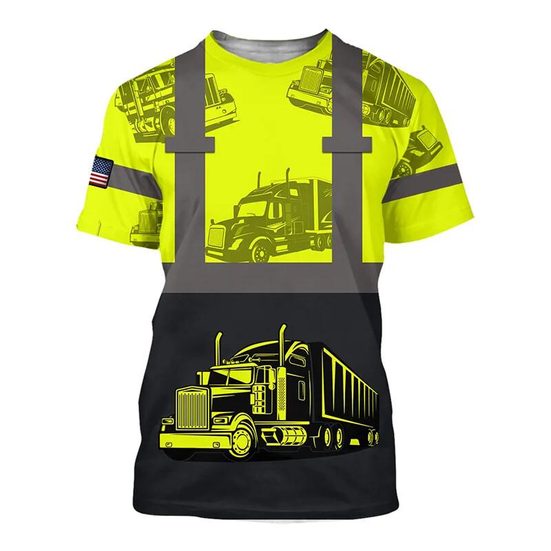 Bagger 3D-Druck T-Shirt für Herren Maschinenführer Streifen Kurzarm Atmungsaktiv Locker T-Shirts Outdoor Sommer Arbeitskleidung